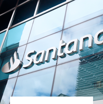 Santander Bank logo on the front of a glass building