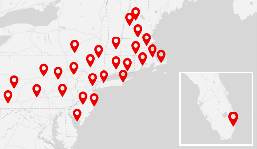 Map displaying Santander branch locations in the Northeast and Miami.